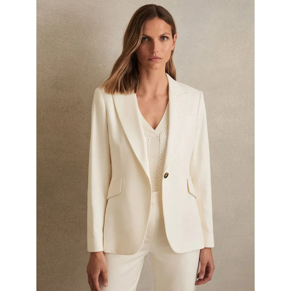 우아한 화이트 투피스 정장 세트 (여성용, 원버튼 피크 라펠 재킷, 와이드 레그 팬츠 세트, 오피스, 연회, 비즈니스 여성 의류)