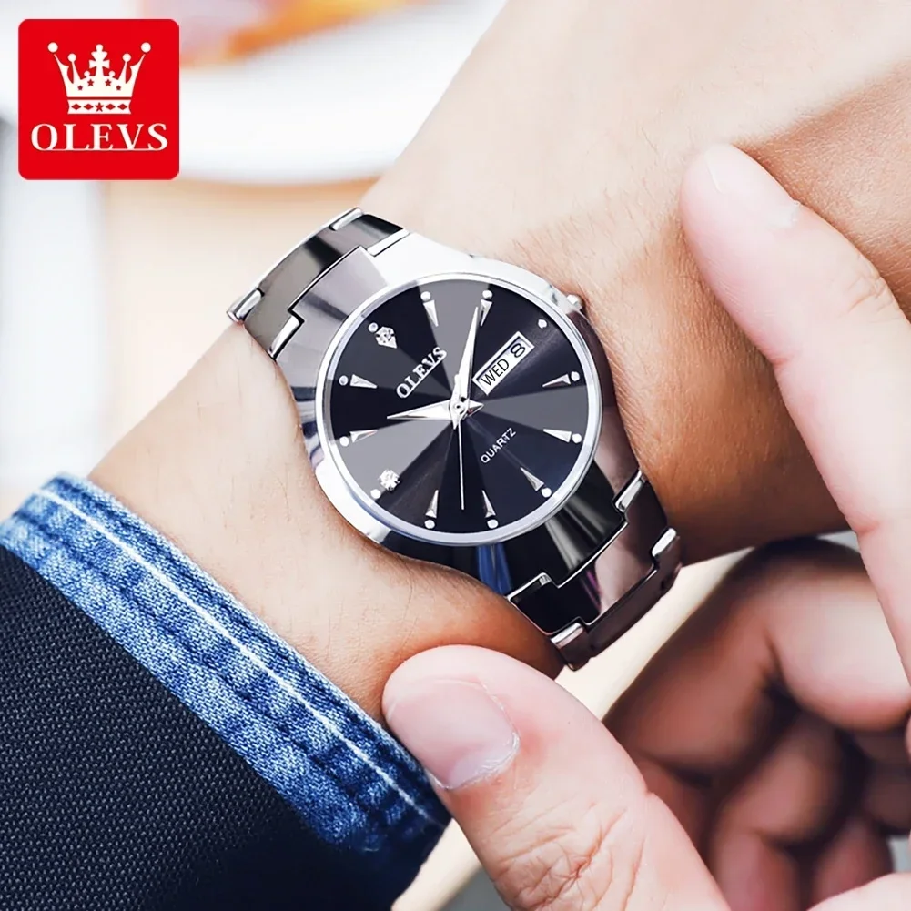 OLEVS, relojes de cuarzo de lujo para hombre, correa de acero de tungsteno dorado, relojes para hombre, reloj de pulsera de negocios con fecha luminosa resistente al agua y semana