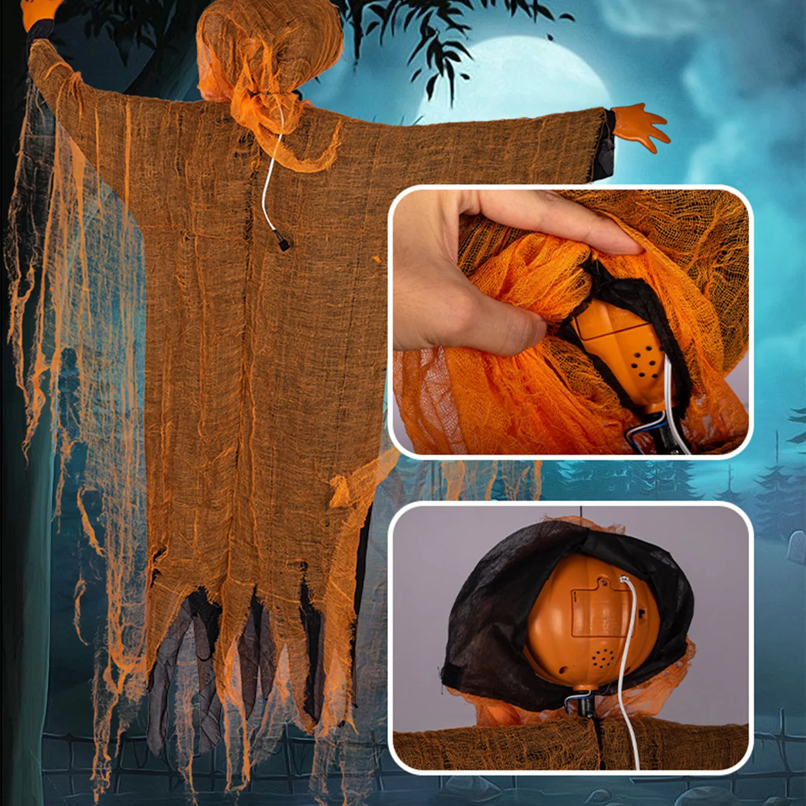 

Светящаяся музыкальная подвесная декорация в виде тыквы для Хэллоуина, зеленая, с вращением, для украшения сада