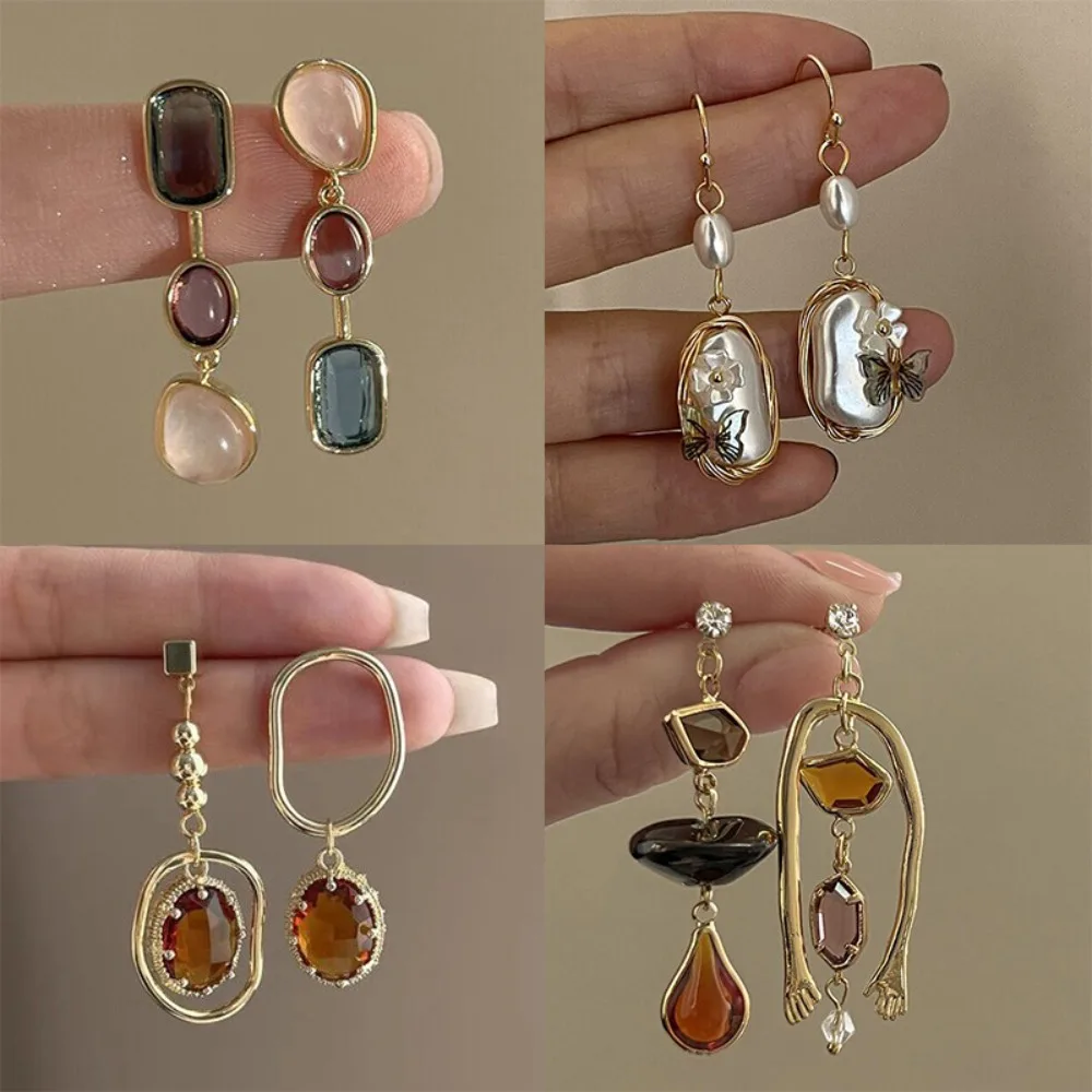 Retro Charm Irregular Geometry Stereo Butterfly Flower Asymmetrical Zircon Crystal Palm Dangle Earrings for Women Korean Jewelry