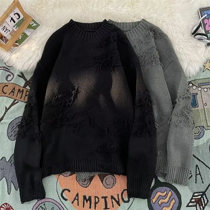 Sweater rajutan leher bulat untuk pria dan wanita, longgar dan santai, menggoyahkan tren atasan serbaguna