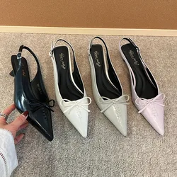 2025 Spring New Brand Women White Sandal Fashion Pointed Toe Shallow Slip On Slingback Shoes Thin Med Heel Outdoor Dress Muler