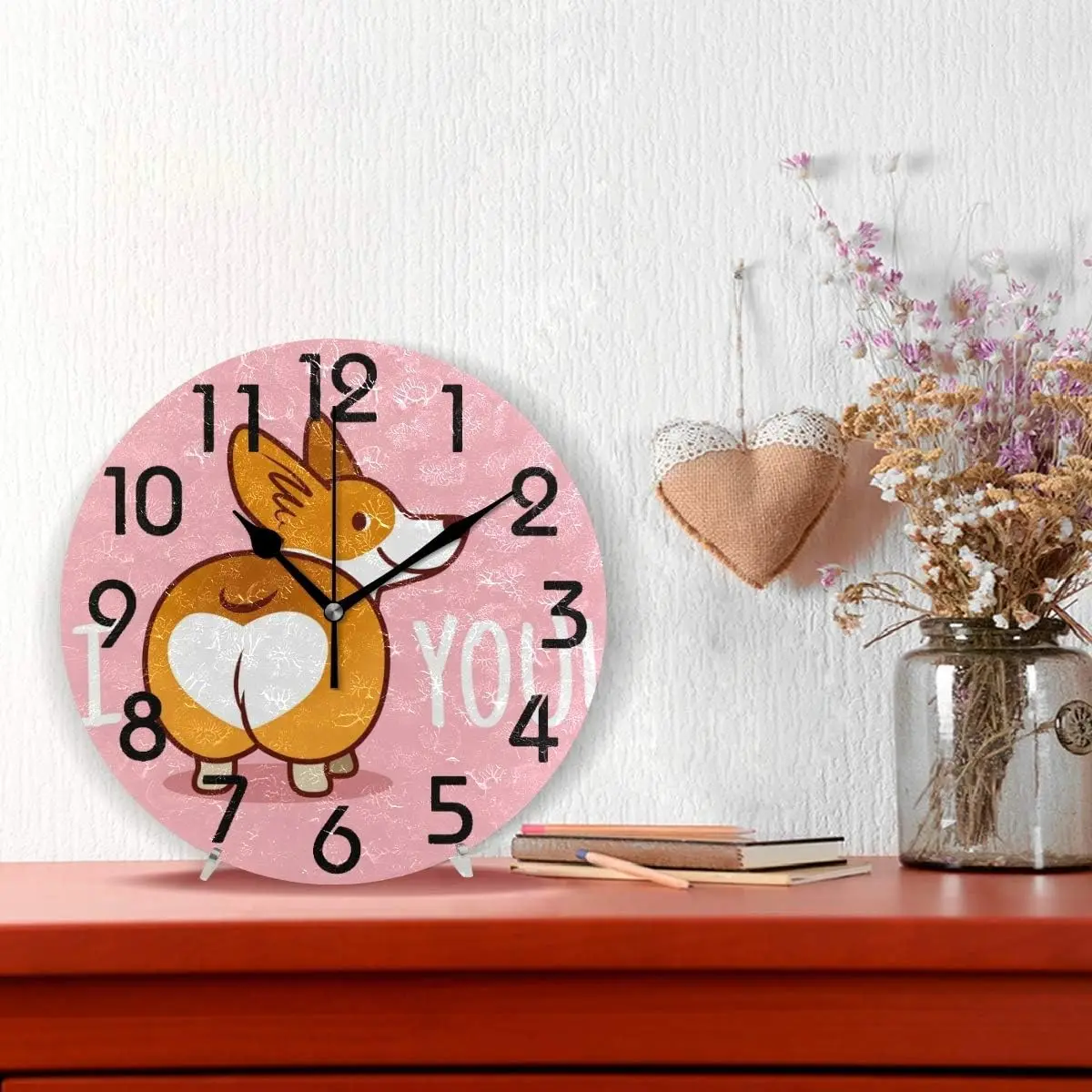 Cute Cartoon Welsh Corgi Dog Butt Heart Round Wall Clock Decorative, 9.5 Inch Battery Operated Quartz Analog Quiet Desk C