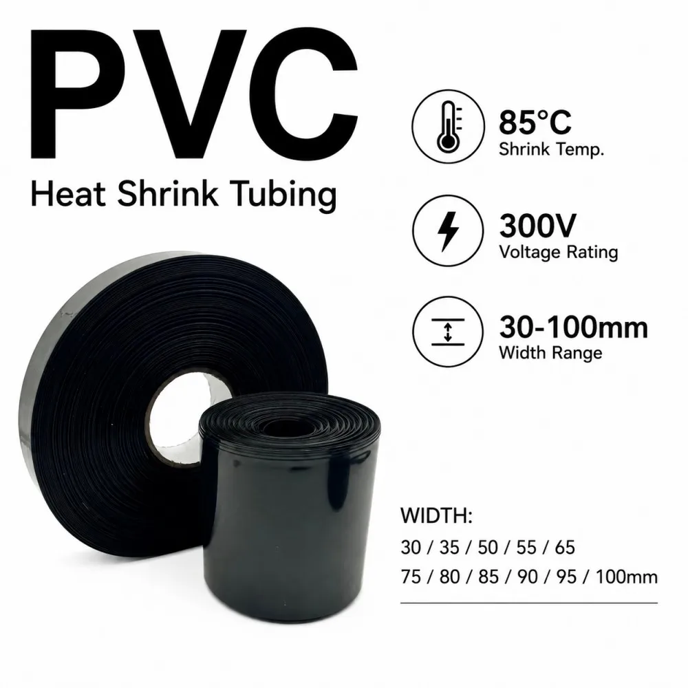 Black 18650 Lithium Battery PVC Heat Shrink Wrap Film 30-100mm Width Lithium Battery Shrinkable Film Sleeve Insulation Sheath