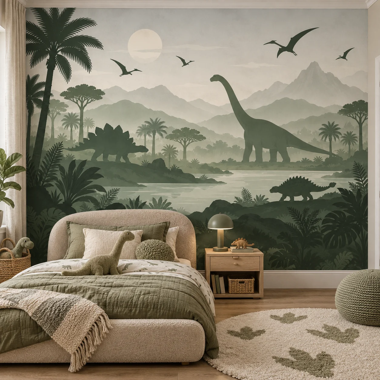 Dinosaur Wall Murals Vintage Prehistoric Jungle Landscape Wallpaper Non Self Adhesive Kids Room Bedroom Nursery Green Wall Decor