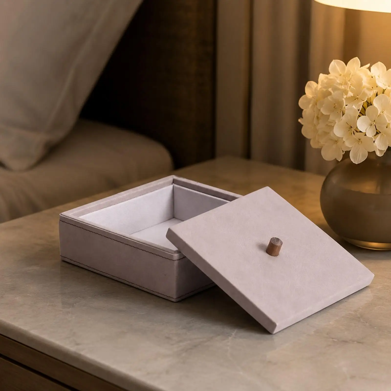 Jewelry Storage Container PU Leather Wooden Square Box with Knob for Rings Earrings Necklaces Vanity Decoration