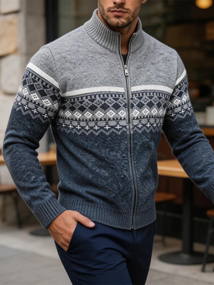 Fashion Stand Collar Coats Mens Winter Jacquard Knit Sweater Jackets Men Vintage Contrast Color Knitted Long Sleeve Outerwear