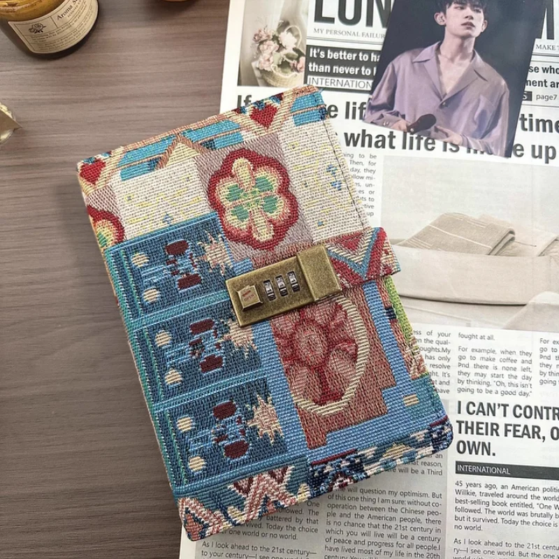 

Fabric Password Notebook with Lock, Retro Style, Thick Diary, Exquisite and High-end Gift Box, Cute and Artistic Style.Book