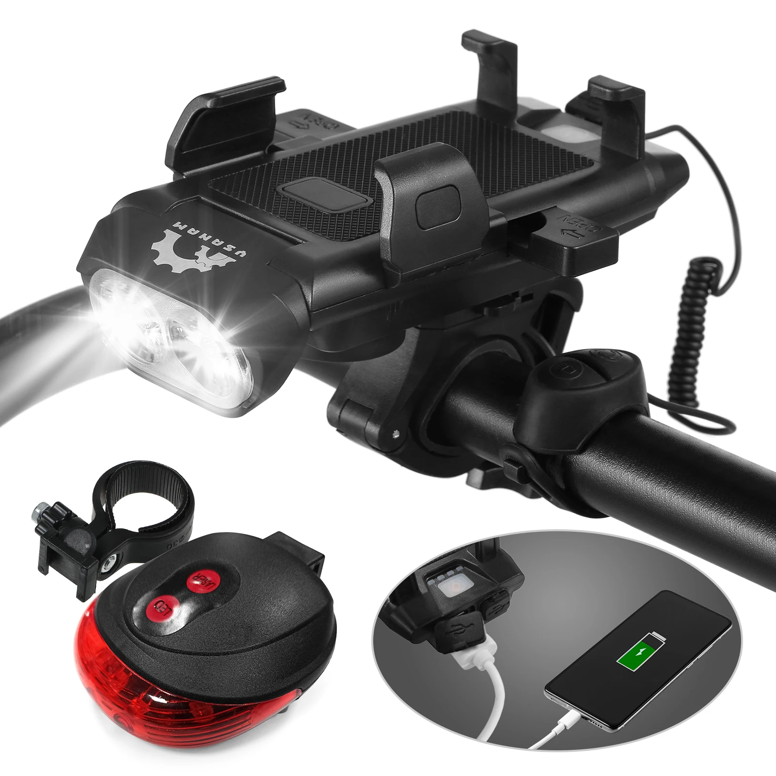 

Bike Light Set Bicycle Front and Rear Light 4in1 USB Rechargeable Waterproof Bike LED Headlight w Phone Holder Horn Mobile Power