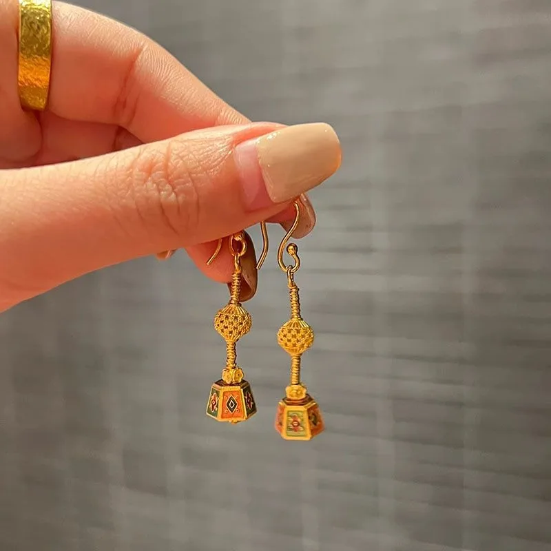 

Древние позолоченные эмалированные серьги-пагода, асимметричные винтажные восточные серьги ручной работы в этническом стиле, уникальные легкие украшения для ушей, аксессуар