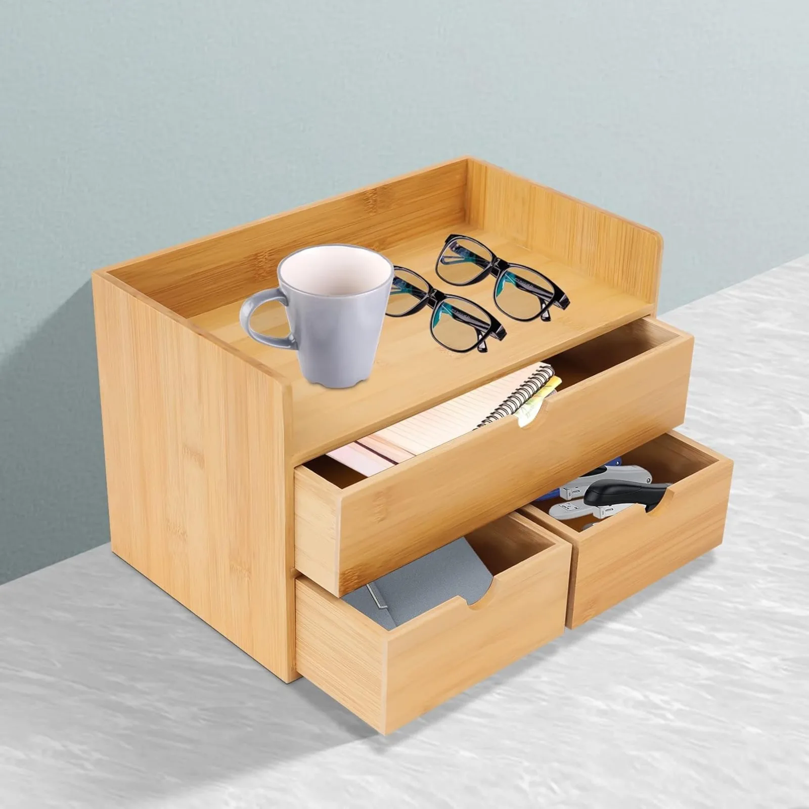 Bamboo Storage Box, Mini-Tabletop Craft Box Cosmetic Storage Drawer with Handle, Desk Sorter for Notes, Paper Clips, Bills, Pens