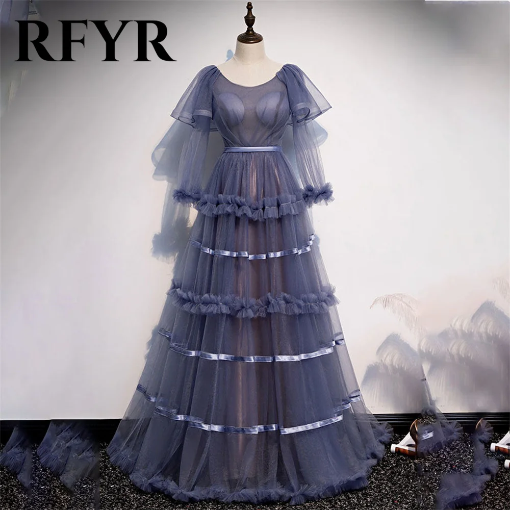 

RFYR Blue A-line Evening Dresses O-Neck Corset Lace Vestidos De Noche Tiered Tulle Prom Dress with Pleat Ruched Long Party Dress