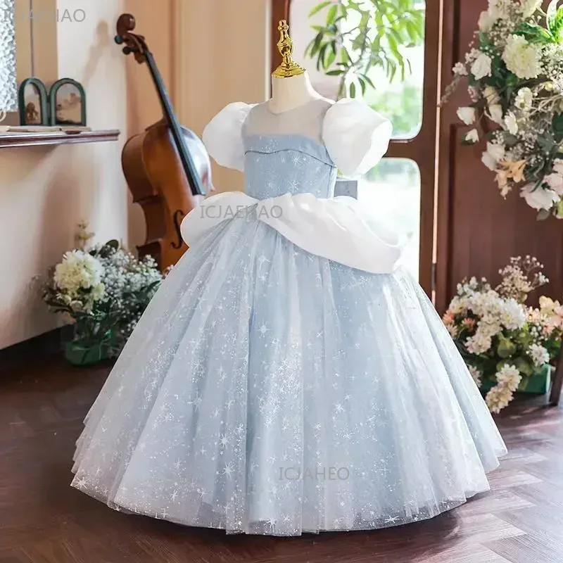 Elegant Princess Sequined Dress Girls Kids Evening Blue Gowns Children Matching Clothes  Birthday Ball Dresses Blue Eid Vestido