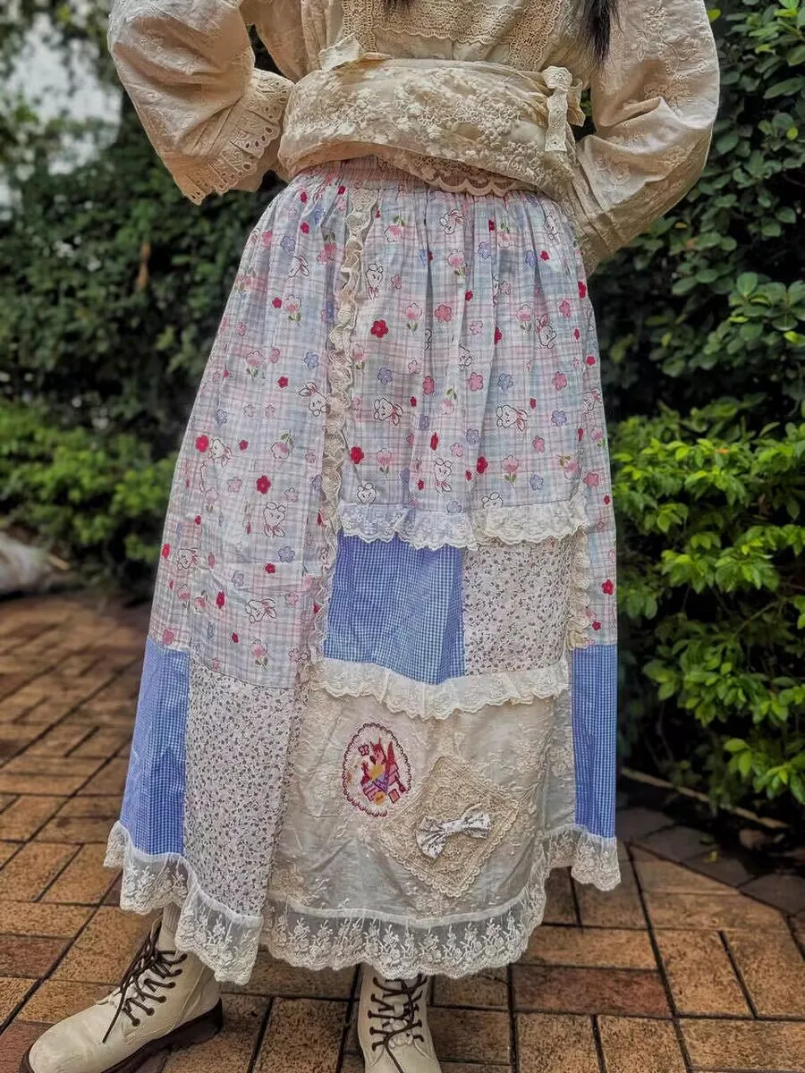 

Vintage Embroidery Blue Plaid Kawaii Long Skirt Women Spring Japanese Mori Girl Style Lace Ruffled Patchwork Lolita A-line Skirt