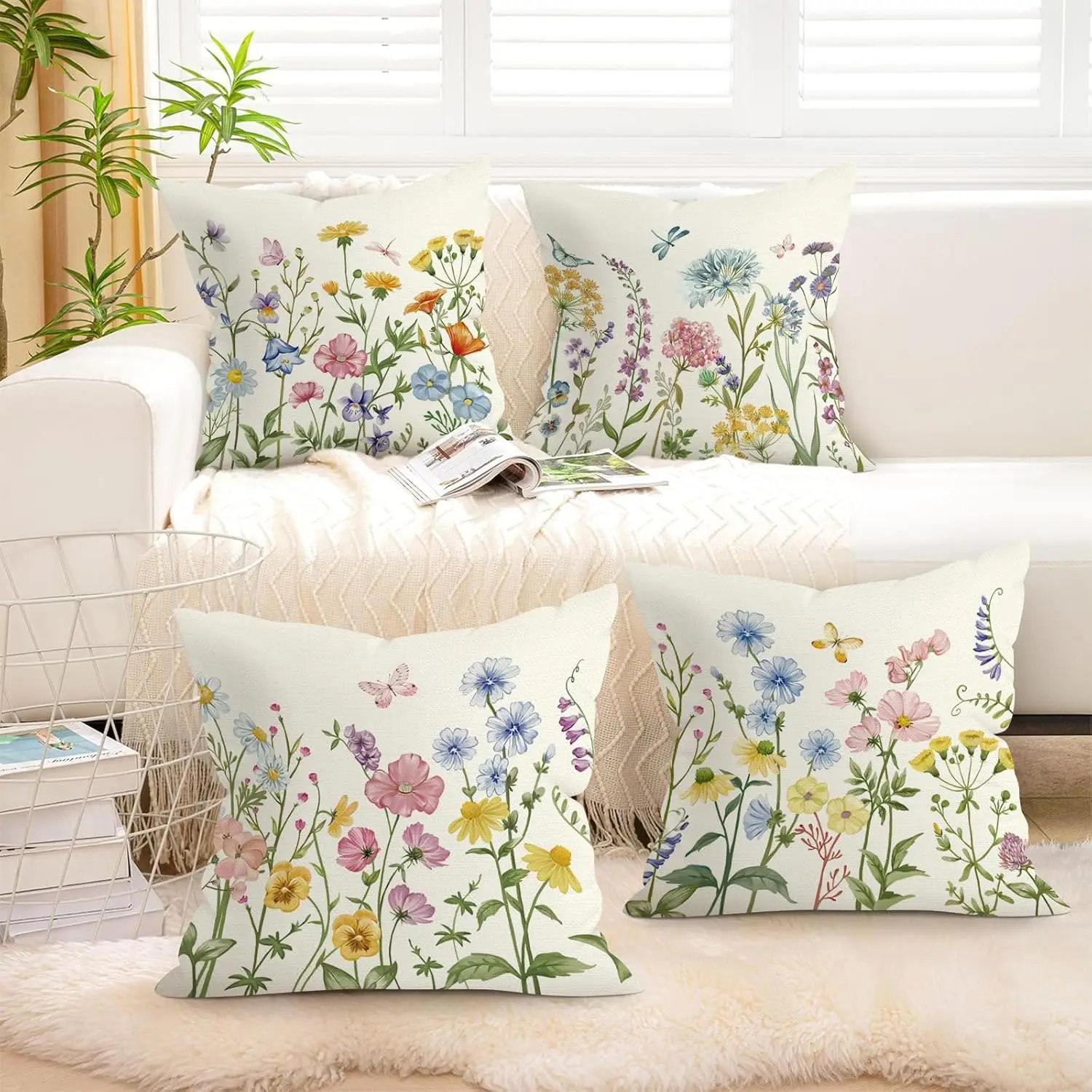 4pcs Watercolor Wildflower Butterfly Dragonfly Printed Pillow Cover Polyester Cushion Case 2D Flat Printing Pillowcase Now