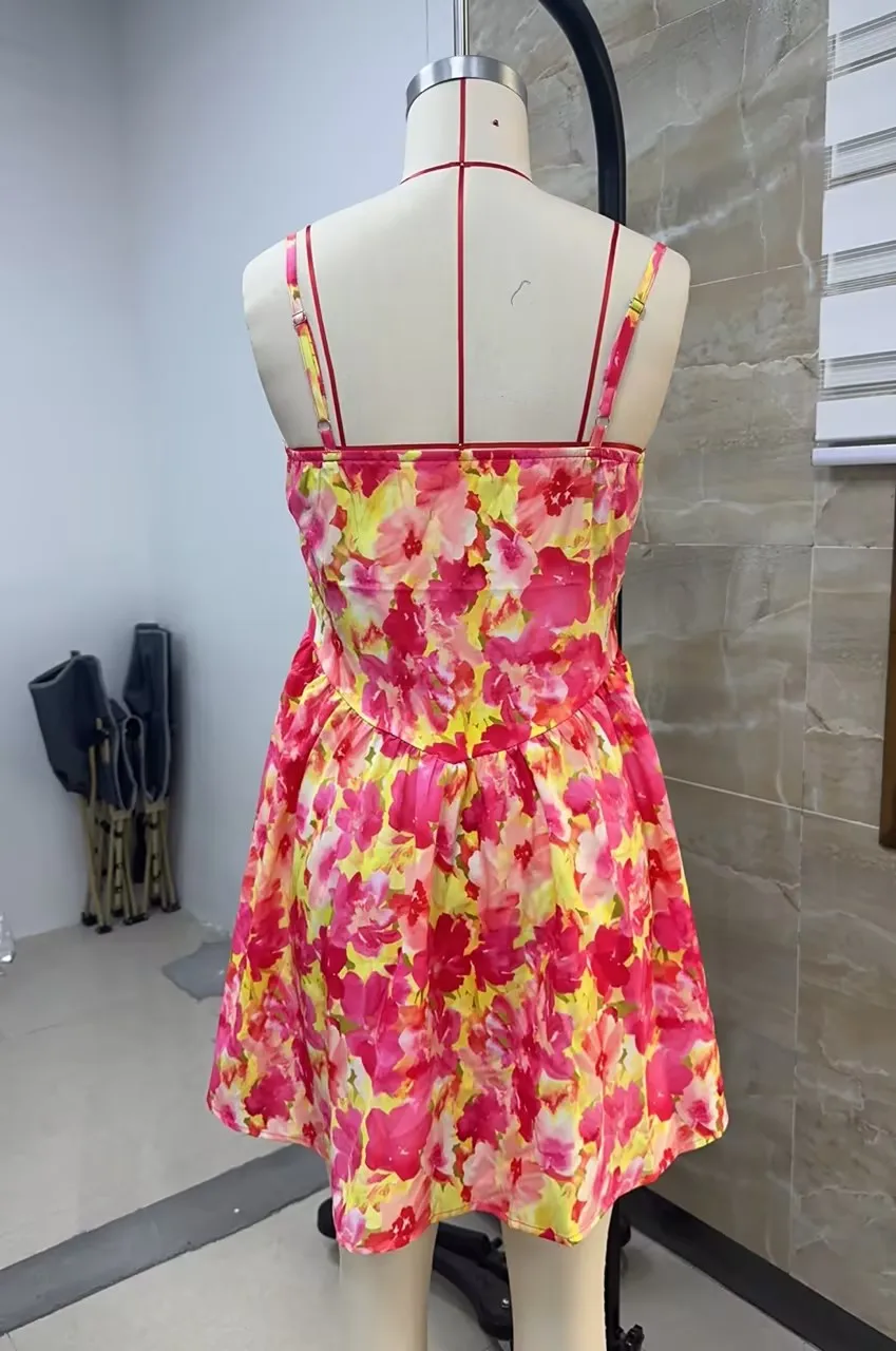 ผู้หญิงฤดูร้อนดอกไม้พิมพ์ชุดมินิสปาเก็ตตี้ A-Line Cami ชุดแฟชั่นแขนกุด Casual Sundress สําหรับปาร์ตี้วันหยุด