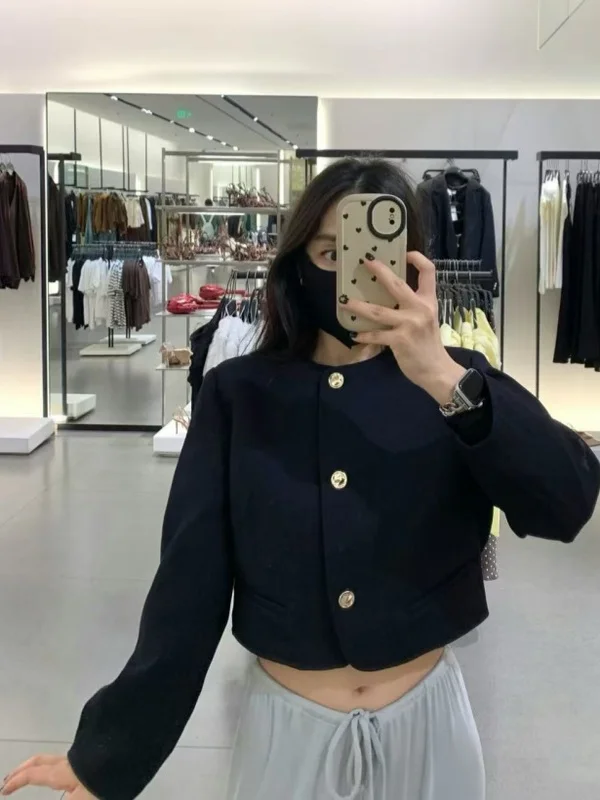 

Fall 2025 New Women's ort Sle round Ne Buttoned Golden Color Suit Jaet Casual Straight Leg Fibre Polyester Office Wear