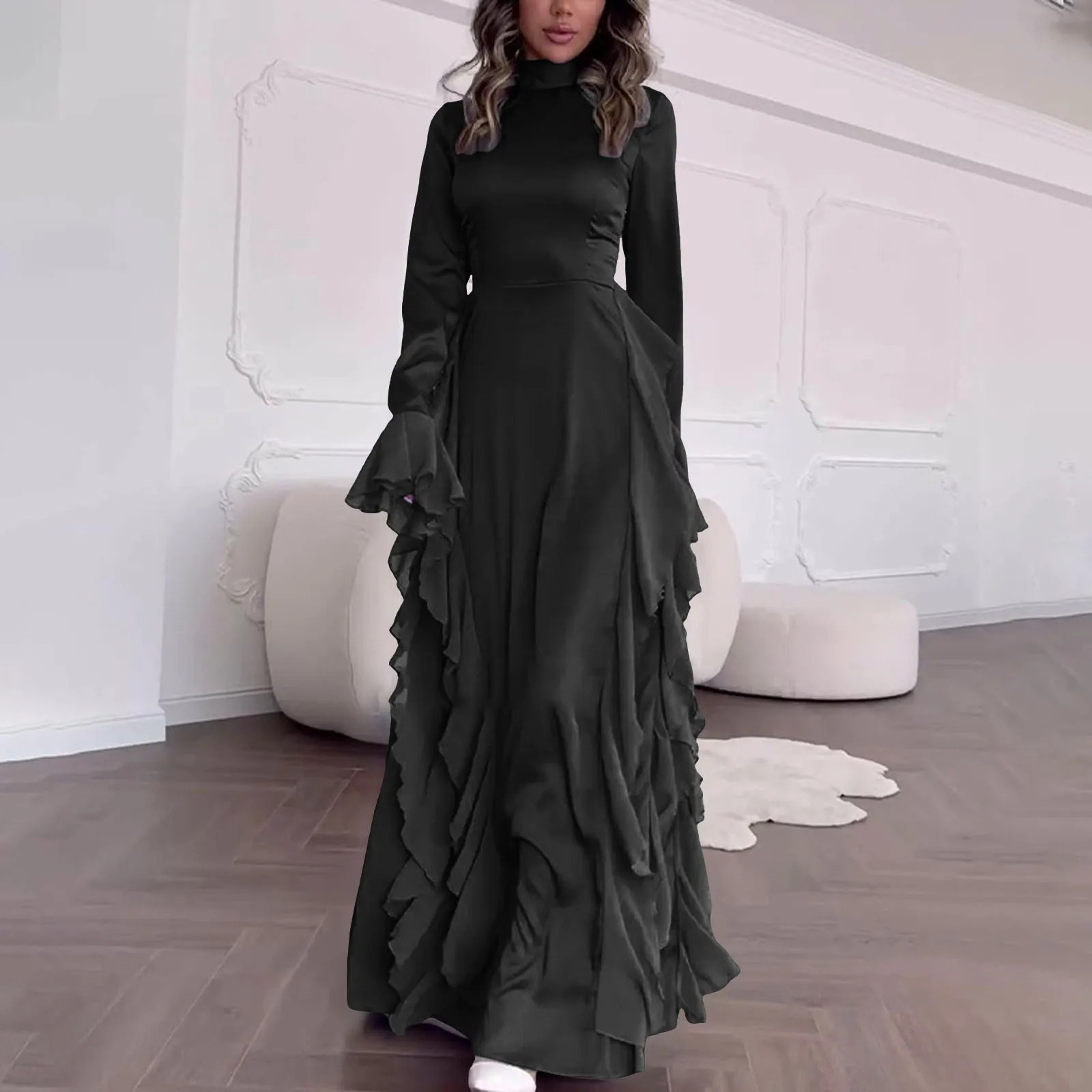 Elegant O Neck Side Ruffles Long Dress Women Solid Lace-Up Slim Party Dress Autumn Long Sleeve New Temperament Banquet Dress