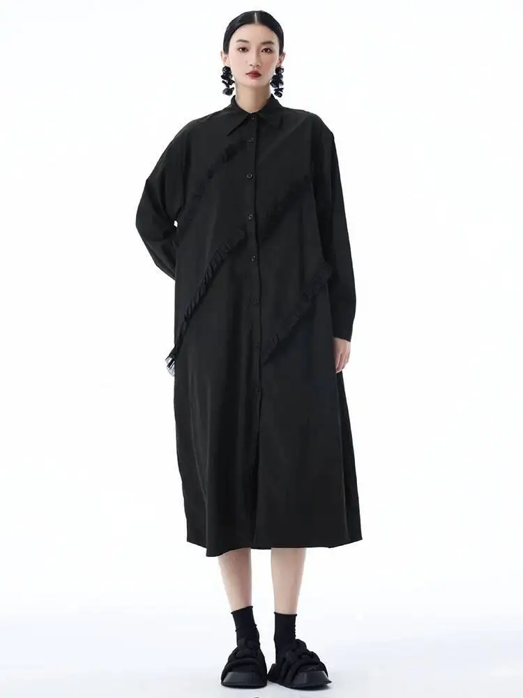 المرأة شبكة سوداء مطوي تقسم حجم كبير ميدي قميص فستان جديد التلبيب كم طويل موضة المد ربيع الخريف