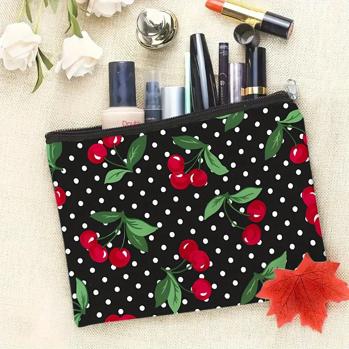 1 pièce de trousse de maquillage à motif cerise - Pochette multifonctionnelle à fermeture éclair pour femme, sac de rangement de voyage parfait, cadeau d'anniversaire amusant