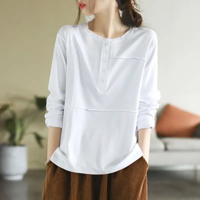 

Spring Autumn New Round Neck Fashion Long Sleeve T-shirt Women High Street Casual Loose Button Pullovers Elegant Solid Color Top