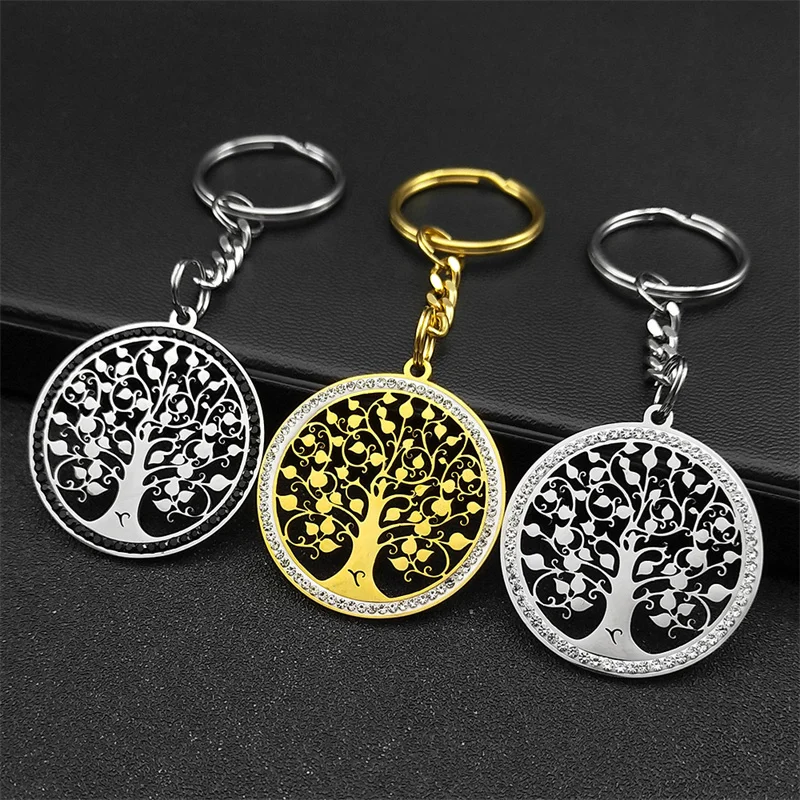 Aesthetic Tree of Life Key Chain for Women Men Stainless Steel Gold Color Hollow Rhinestone Keyring Jewelry Gift K51S01