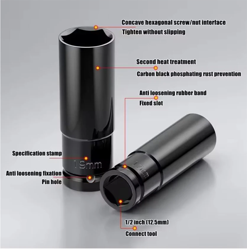 1/2 "محرك مقبس التصادم العميق محرك متري وجع المقبس مقبس التأثير العميق مفتاح هوائي رئيس أدوات إزالة الإطارات