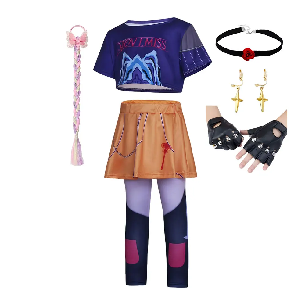 Koreanisches Trendiges Sänger-Kostüm für Mädchen, 2-teilig: Lila Top + Gelber Rock, 3D-Druck Leggings, Geburtstagsparty-Tanz-Performance Mädchen-Uniform