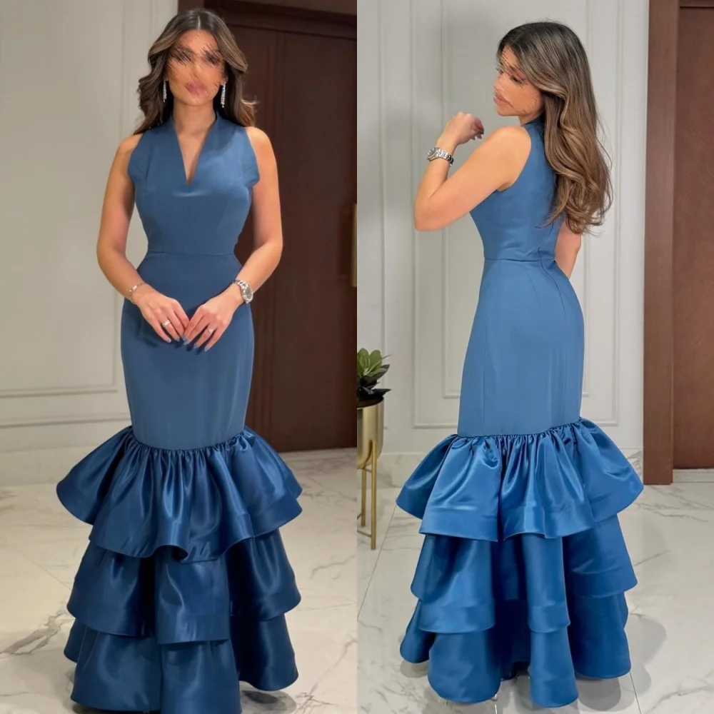 Customized Exquisite Jersey Pleat Ruched Tiered Mermaid V-neck Long Dresses Bespoke Occasion Dresses Fashion Formal