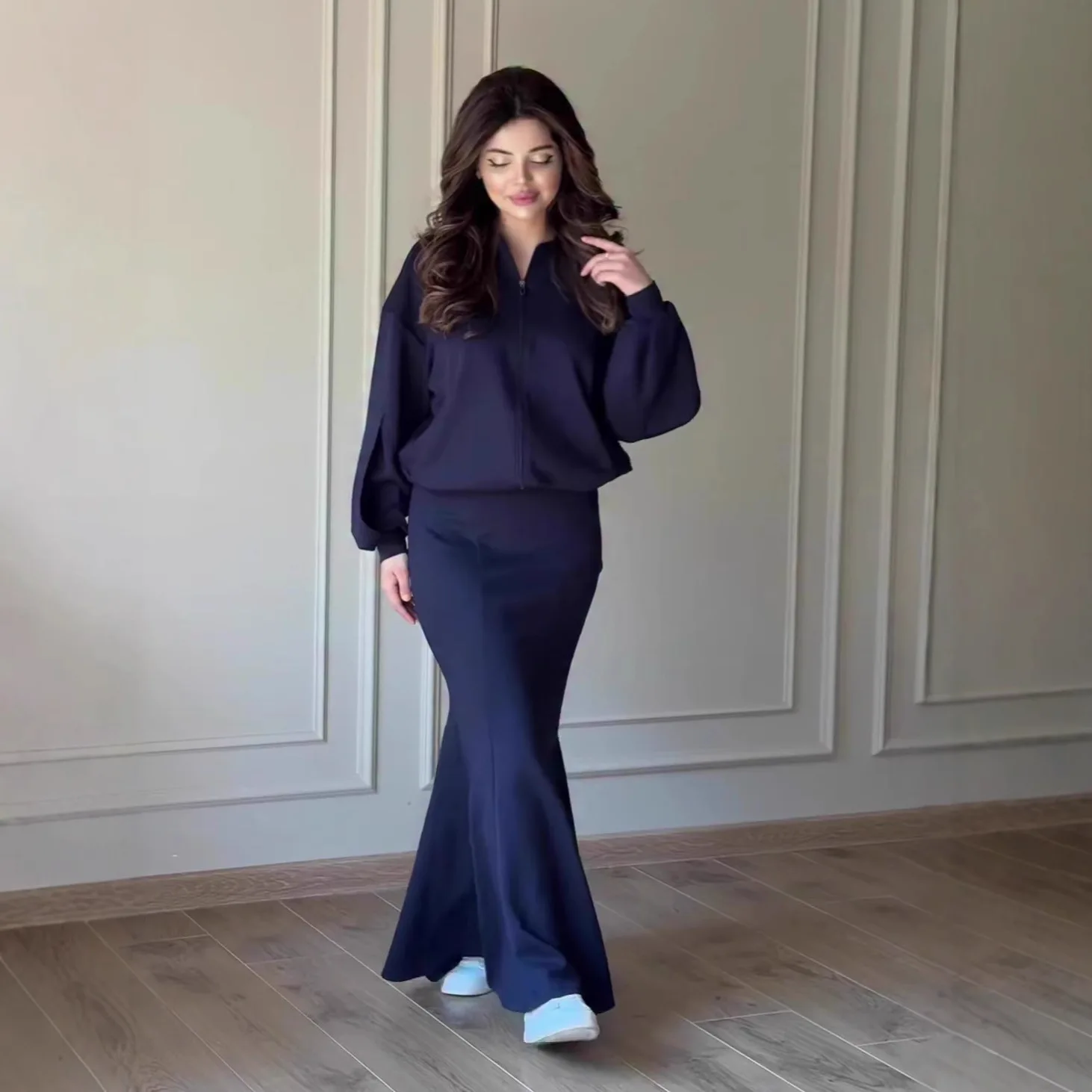 Women Skirt Suit Eid Muslim Coat Long Skirts 2 Piece Set Modest Ensemble Jackets Zipper Ramadan Dubai Outerwear Outfits 2026
