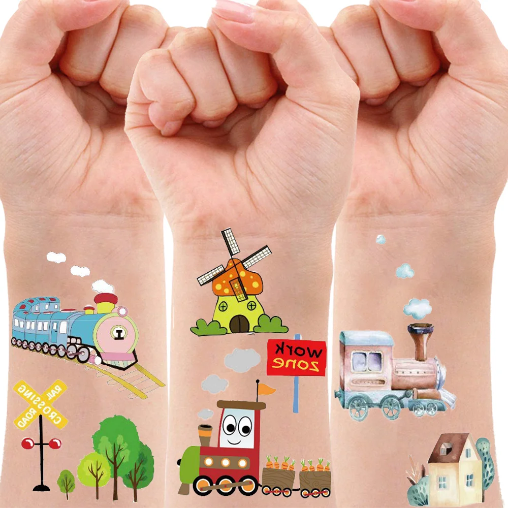 10Sheets Train Temporary Tattoos Kid Gift Classroom School Prizes Rewards Stickers Trains Transportation Theme Birthday Supplies