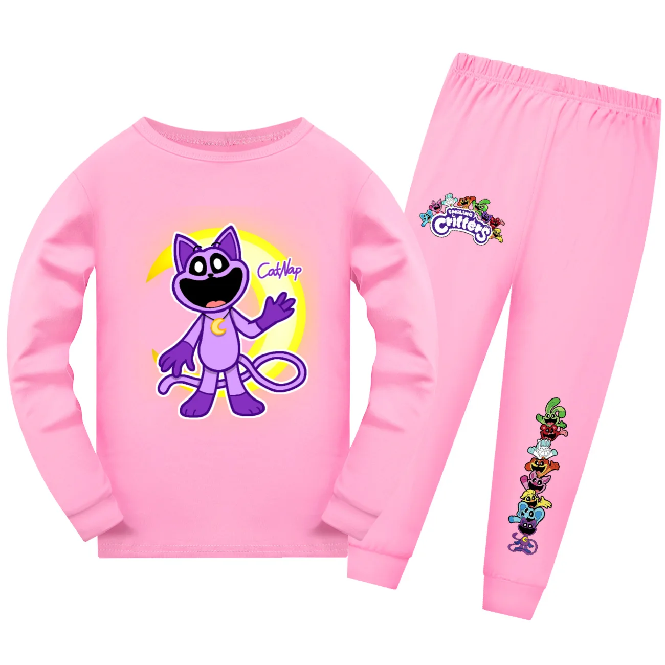 Kids Smiling Critters Cartoon Catnap Pyjama Costume Catnap Print Girls Boys Long Sleeve TShirt + Pants 2pcs Sets Casual Pajamas