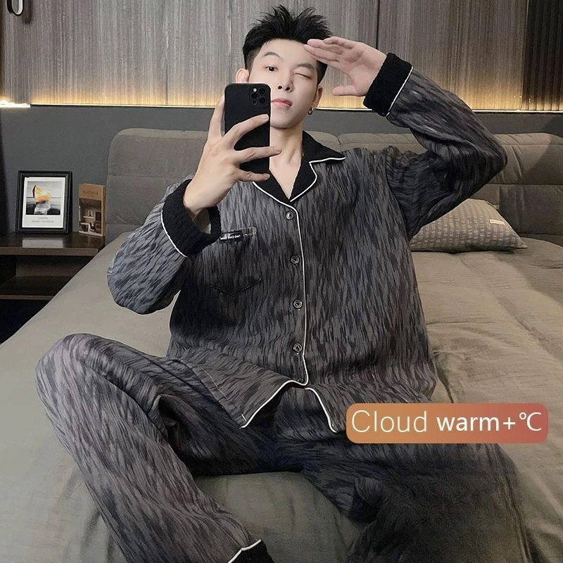 Men's Pajamas Air Cotton Warm Young and Middle-aged Loungewear Set 145kg Cardigan Sandwich Cotton Winter Plus Size Underwear
