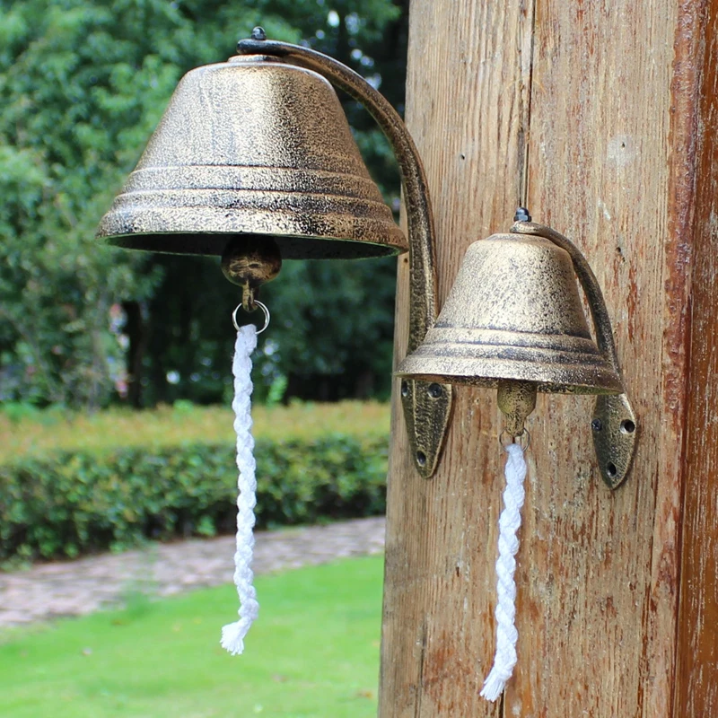 Antique Gold Cast Iron Wall Mounted Hand Cranking Bell Small Large For Home Garden School Church Decoration Farm House Style