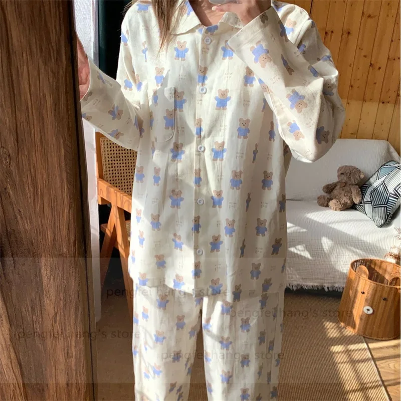 

Домашняя одежда из 100% хлопчатобумажной пряжи, женская осенняя одежда для сна, ночная рубашка с длинными рукавами, пижамный костюм с длинными рукавами, женская одежда для дома