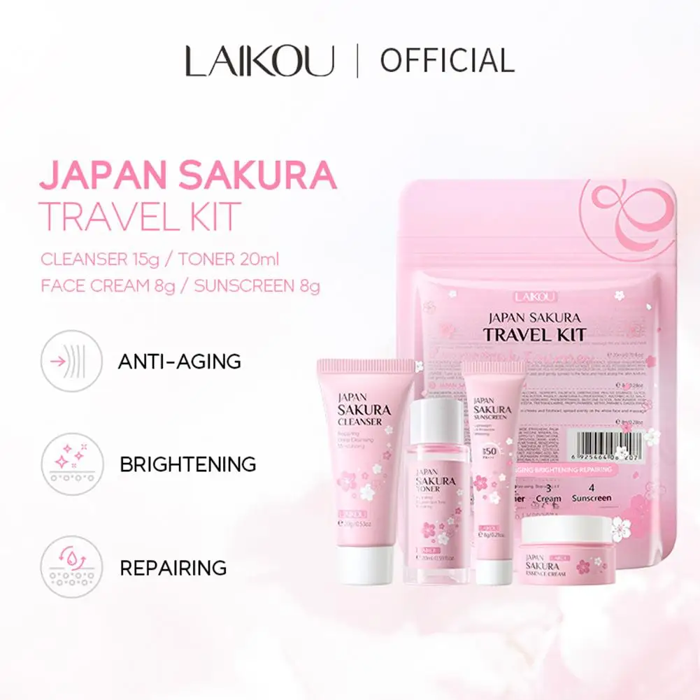 Sakura conjunto de cuidados com a pele limpador facial, soro, toner, protetor solar, creme facial beleza cuidados com a pele para presentes femininos kit de viagem de rotina