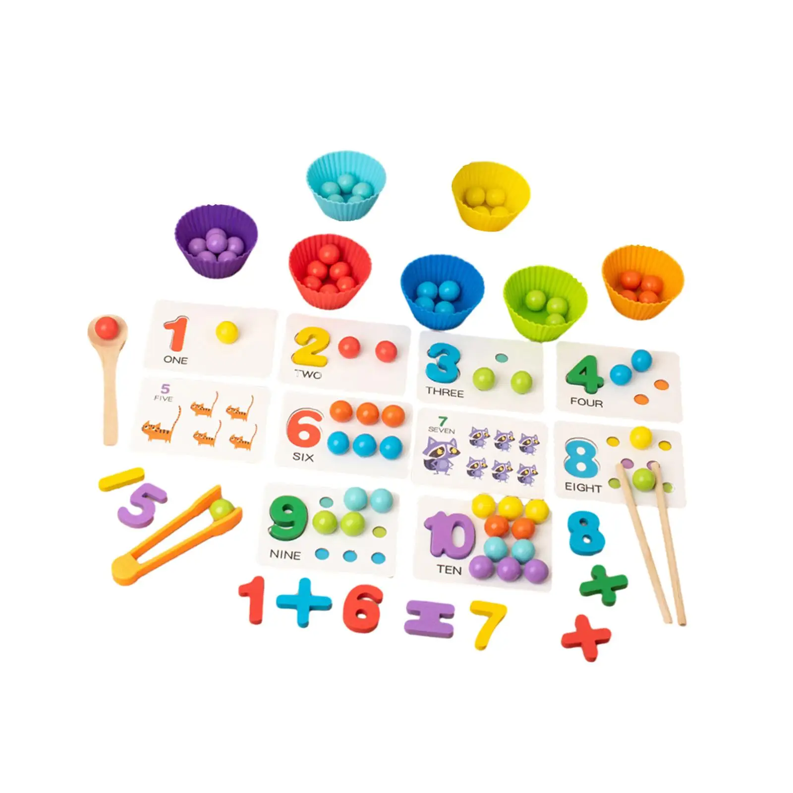 Clip Bead Game Fine Motor Skill Numer Cognition Animal Learning Montessori Wooden Rainbow Balls in Cups for Primary Preschool