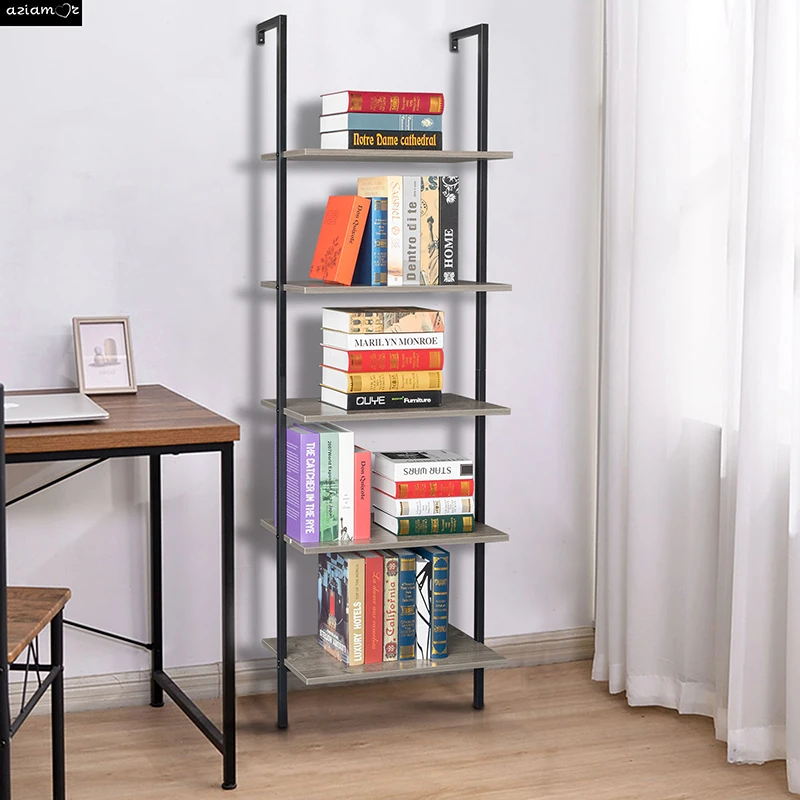 5-Shelf Wood Ladder Bookcase with Metal Frame, Industrial 5-Tier Modern Ladder Shelf Wood Shelves,Gray