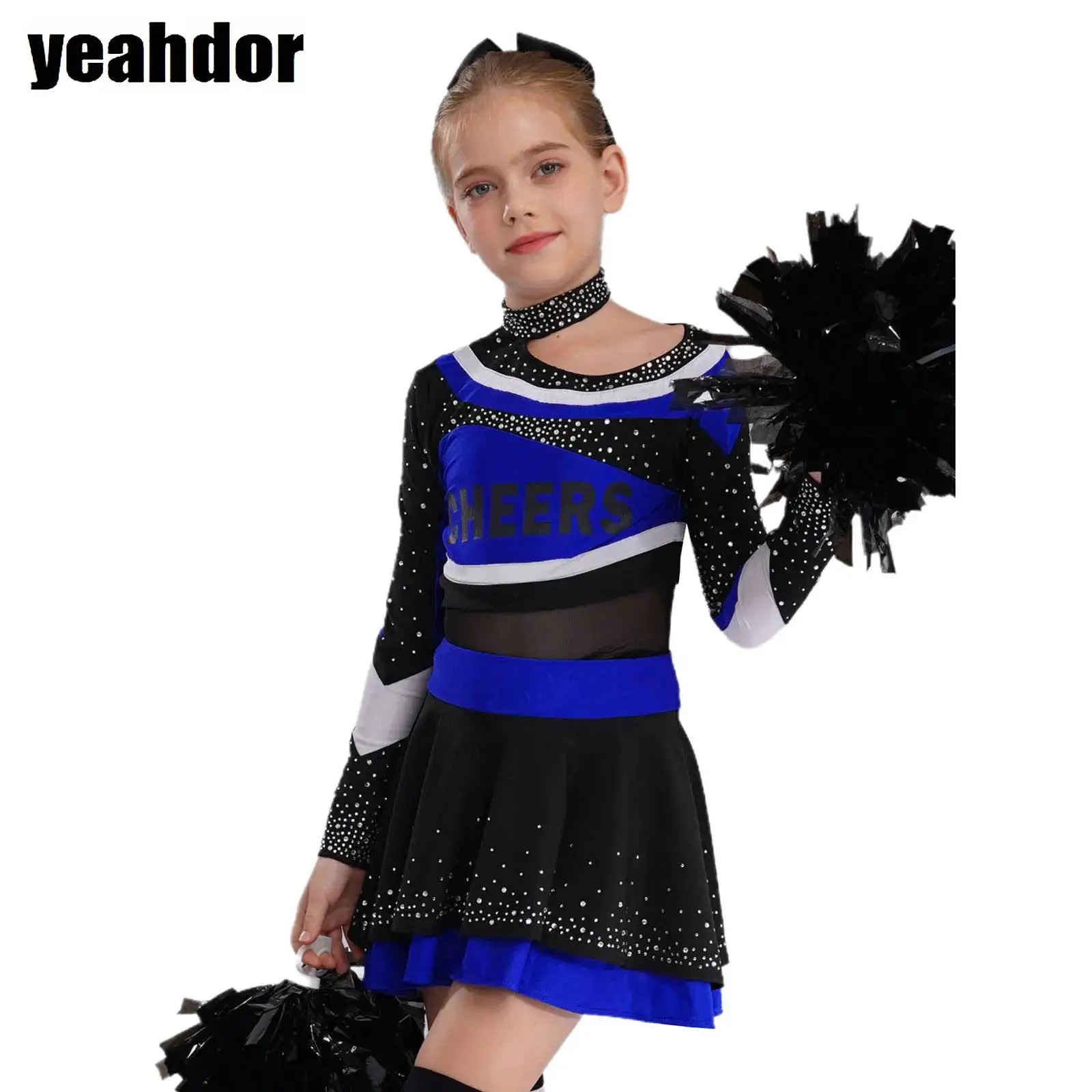 

Girls Cheerleading Outfits Long Sleeve Letter Print Shiny Rhinestones Top with Skirt Sets Cheerleader Uniform School Performance