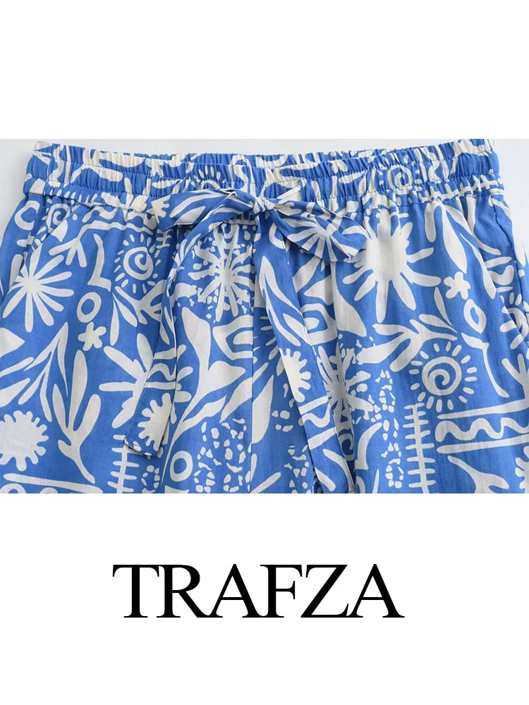 TRAFZA Women 2 Piece Set Short Sleeved Turn Down Collar Single-Breasted Print Shirt+High Waist Drawstring Side Pockets Trousers