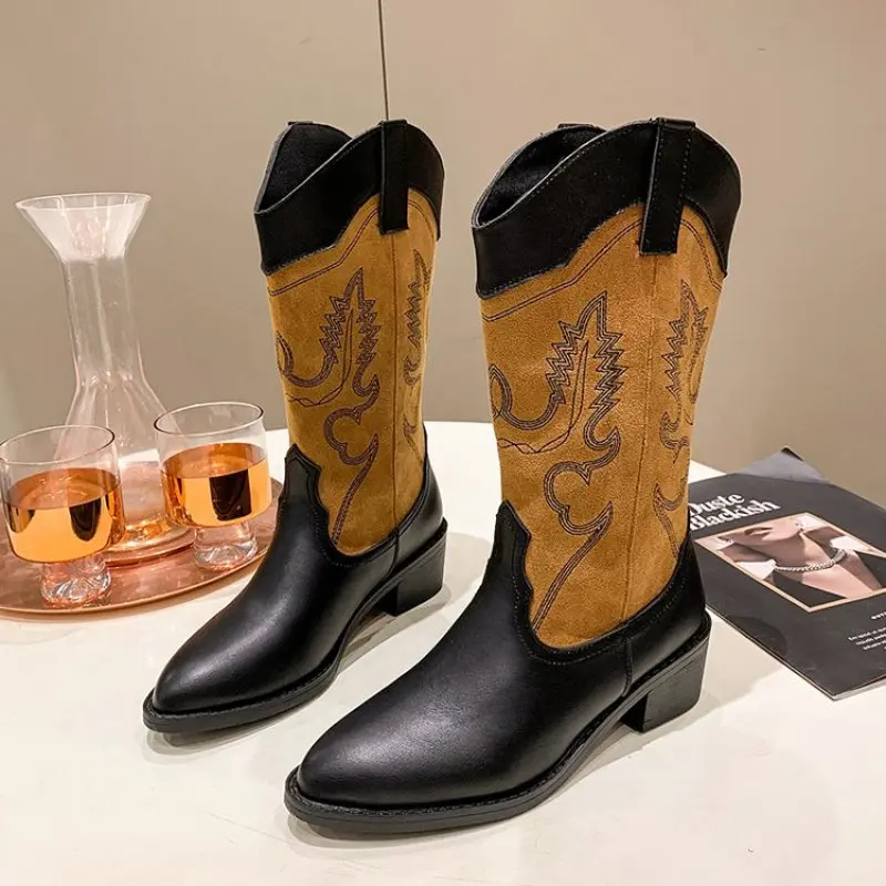 

Western Chunky Heel Cowboy Boots Women Embroidered Pointes Toe Black Leather Mixed Colors Mid Boots Winter Designer Shoes New