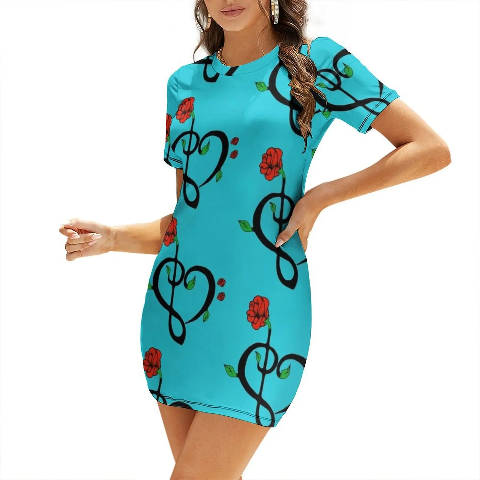 

Music Heart rose Short-Sleeved Dress party dresses women evening dresses ladies Woman fashion Dress
