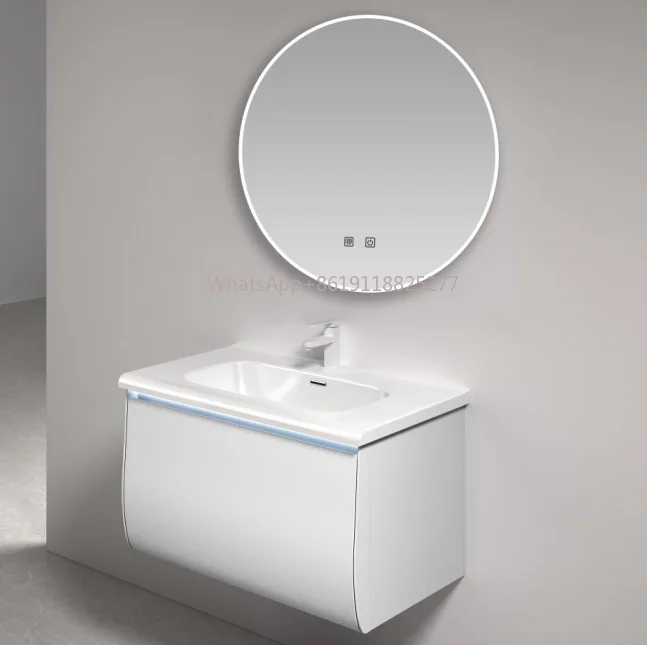 Tocador de estilo moderno para baño, mueble montado en la pared con espejo y lavabo de cerámica, venta directa de fábrica