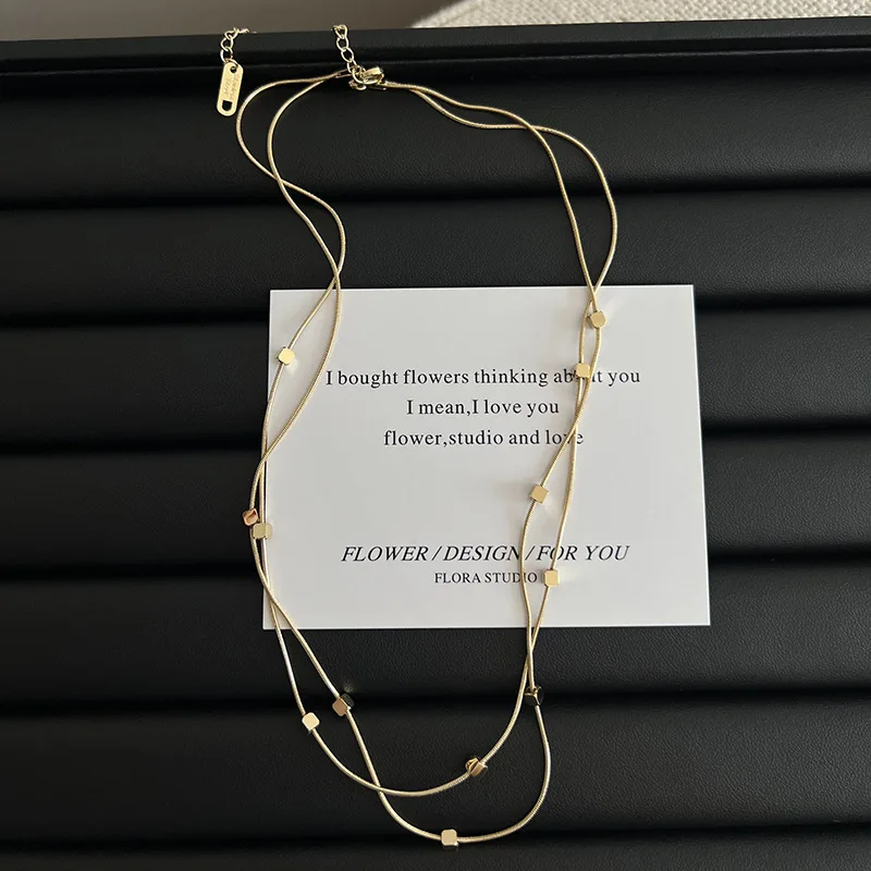 ANENJERY L316 Stainless Steel Double Layer thin Chain Square Necklace for Women Simple Tender Jewery Wholesale