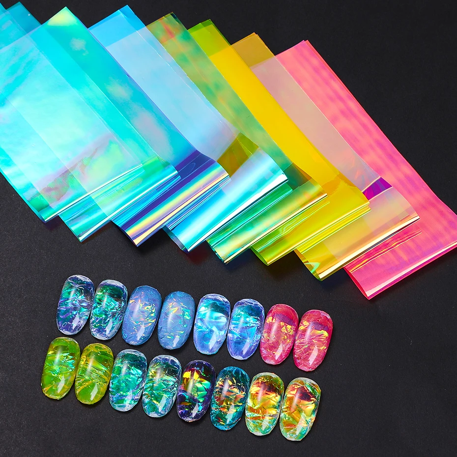 8 teile/paket Holographische Aurora Film Nagel Glas Papier DIY Folien Laser Bunte Shinning Nagel Zellophan Sliders Maniküre Dekoration