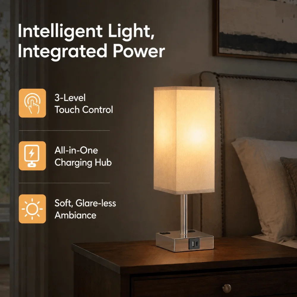 110-240V USB Bedside Table Lamp 5W 3-Way Dimmable LED Lamp E26 LED Bulb Included Fabric Lampshade LED Nightstand Light Bedroom