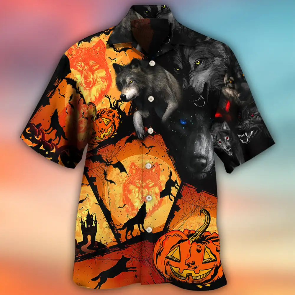 

2024 New Halloween Shirt Splicing Halloween Elements Button Men's Short Sleeve Hawaiian Shirt Men's Fashion Casual Tops