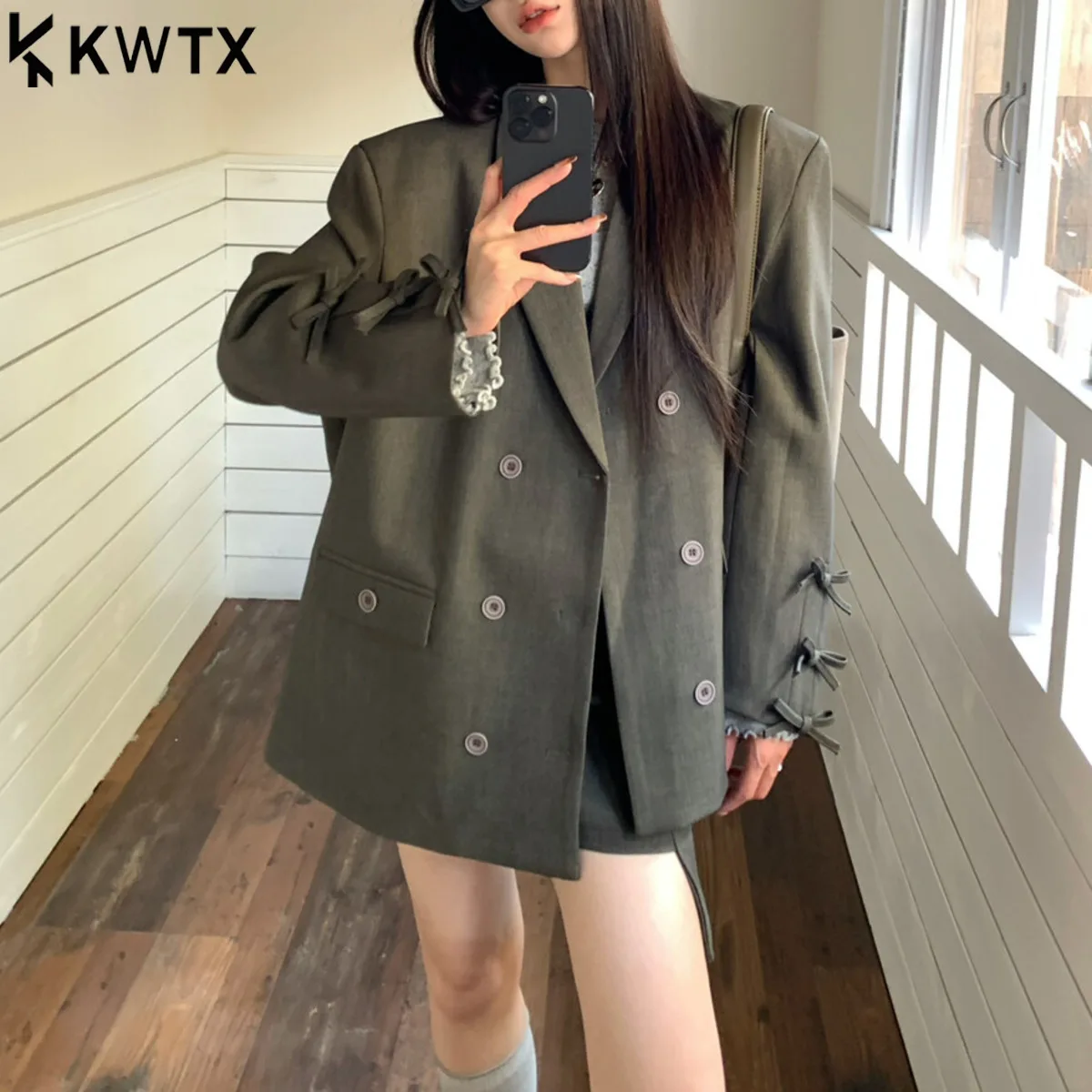 

KWTX 2025 Women’s Double Breasted Blazer Casual Autumn Winter Elegant Vintage with Bow Back Slit High Quality Comfortable New