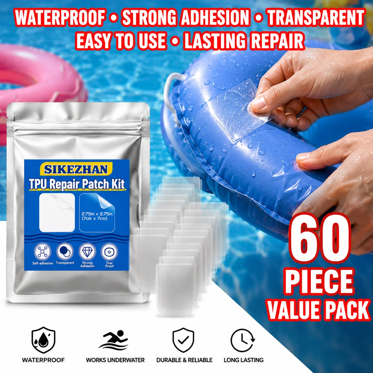 TPU-Reparatur-Patch-Set, Transparente Selbstklebende Wasserdichte Reparaturstreifen für Aufblasbare Schwimmringe, Luftmatratzen