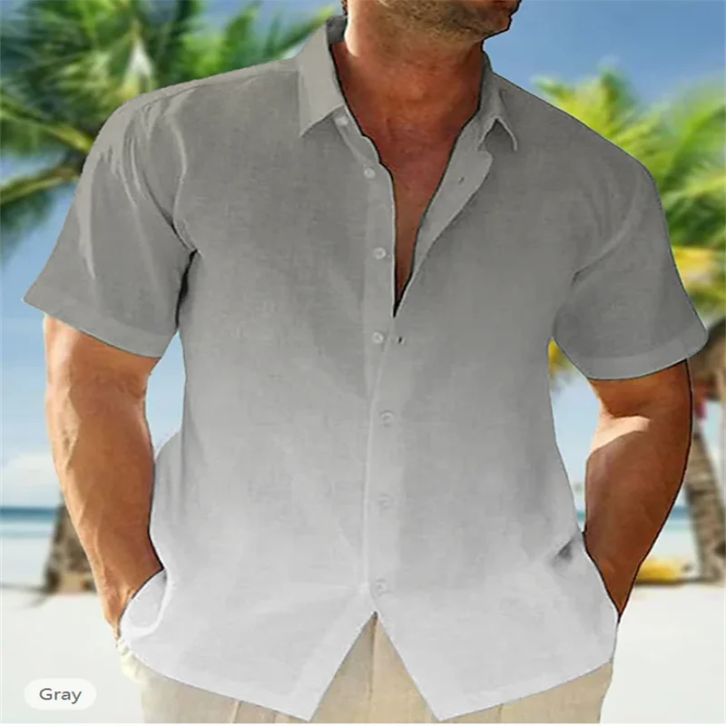 Camisa de botão casual masculina, camisa de praia, lapela gradiente, manga curta, roupa diária, roupa de verão